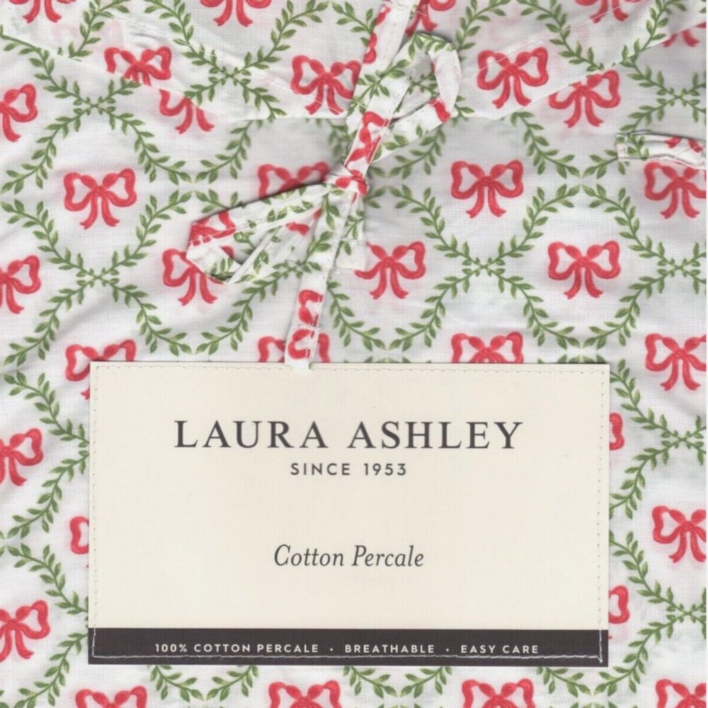 Laura Ashley Christmas BOWS & TRELLIS Cotton Sheet Set - TWIN Size Set